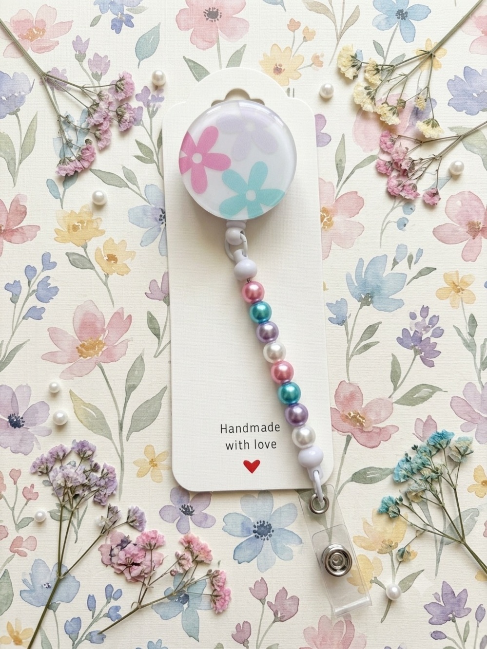 Handmade Badge Reel — Pastel Floral Beads (Pink, Teal, Purple)